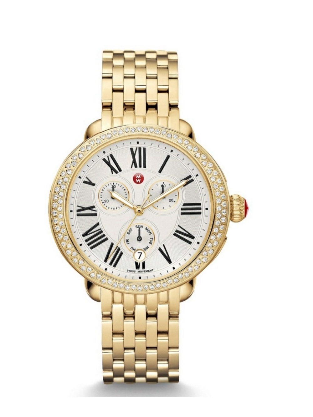 Michele Gold-Tone Diamond-Bezel Bracelet Watch with White Dial
